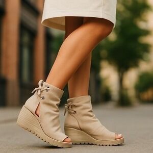 Fly London Peep-Toe Wedge Ivory Pearl Metallic Leather,‎ EU 37